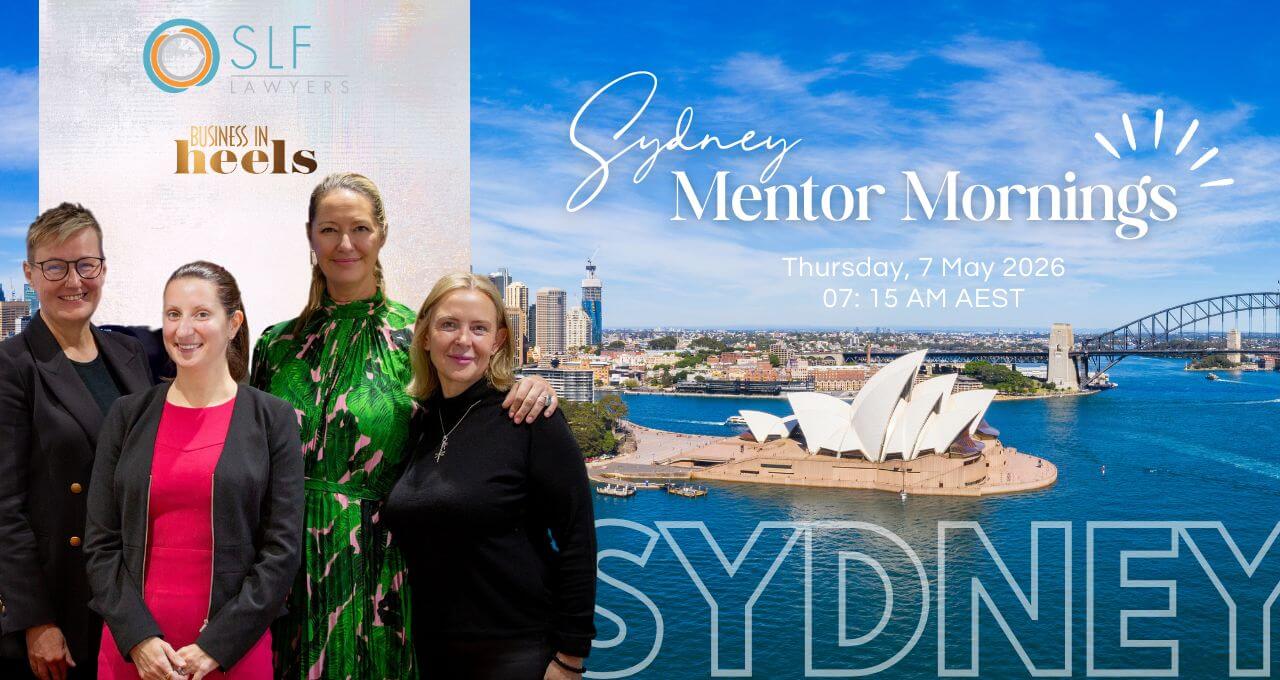 Four women standing together at a professional networking event, alongside a Sydney Harbour background featuring the Opera House and Harbour Bridge, promoting Sydney Mentor Mornings on 7 May 2026.