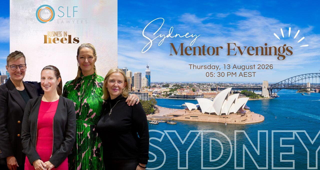 Four women standing together at a professional networking event, alongside a Sydney Harbour background featuring the Opera House and Harbour Bridge, promoting Sydney Mentor Evenings on 13 August 2026.