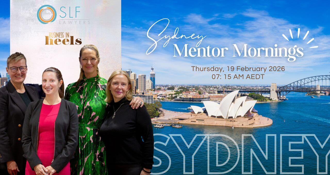 Four women standing together at a professional networking event, alongside a graphic of Sydney Harbour featuring the Opera House and Harbour Bridge with text promoting Sydney Mentor Mornings on 19 February 2026.