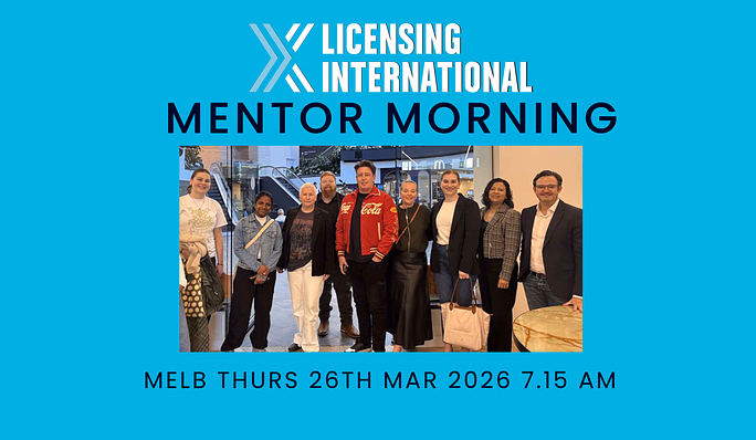 Promotional graphic for a mentor morning event by Licensing International featuring a group photo of attendees and event details including date, time, and location in Melbourne.