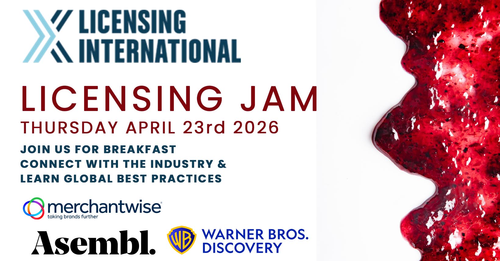 Licensing International Licensing Jam 2026 event banner featuring logos of Merchantwise, Asembl., and Warner Bros. Discovery, with red jam splatter design.