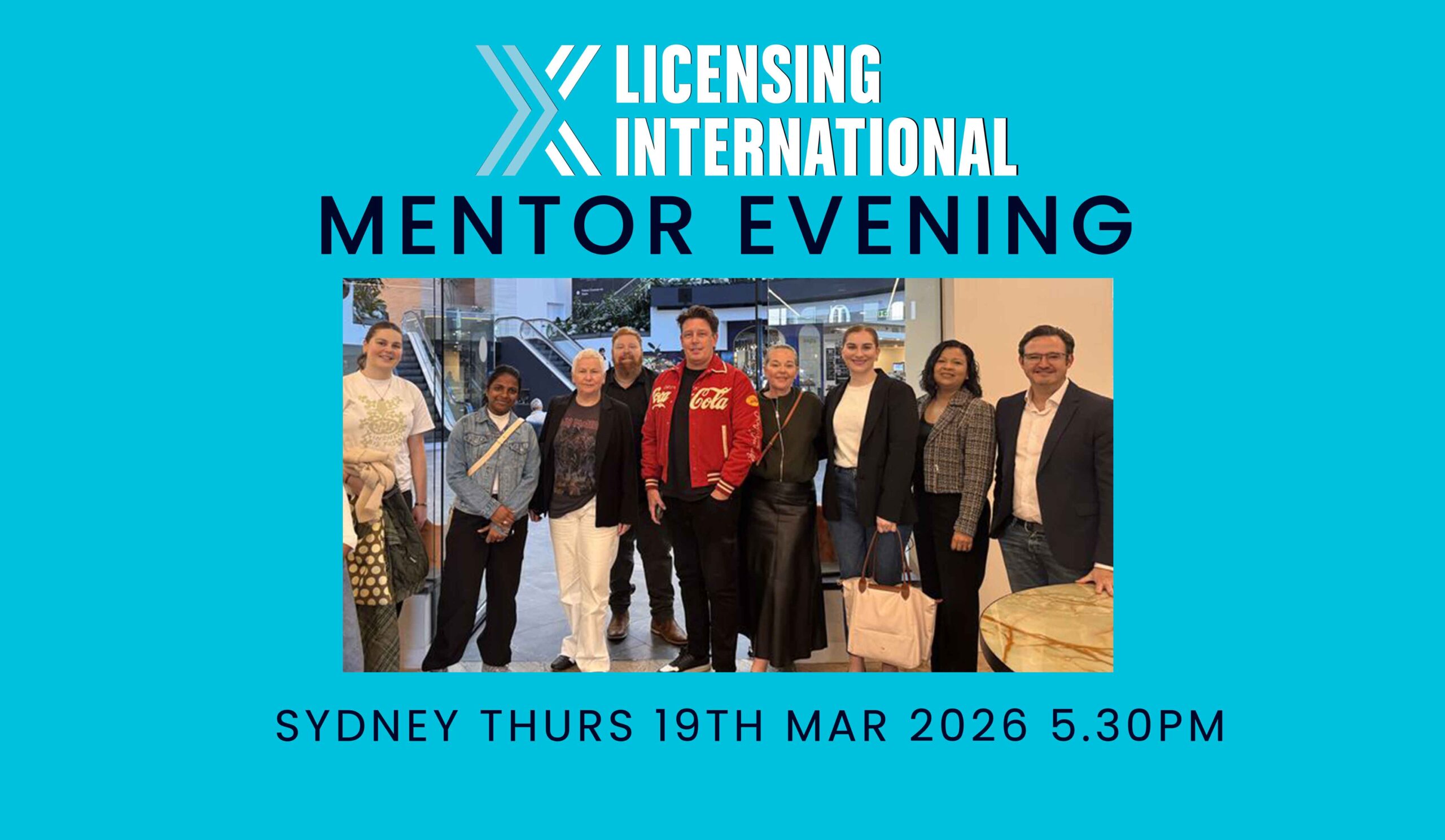 Promotional graphic for Licensing International Mentor Evening featuring a group of nine attendees standing together at a previous event, with event details: Sydney, Thursday 19 March 2026 at 5:30pm.