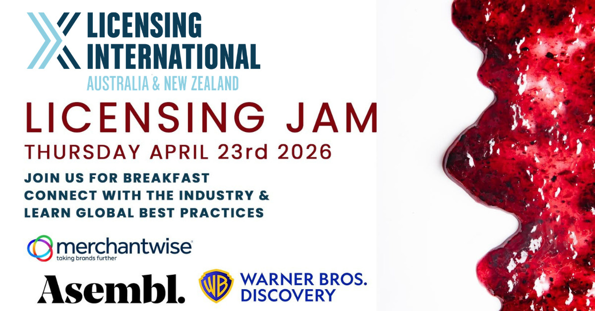 Licensing International Licensing Jam 2026 event banner featuring logos of Merchantwise, Asembl., and Warner Bros. Discovery, with red jam splatter design.