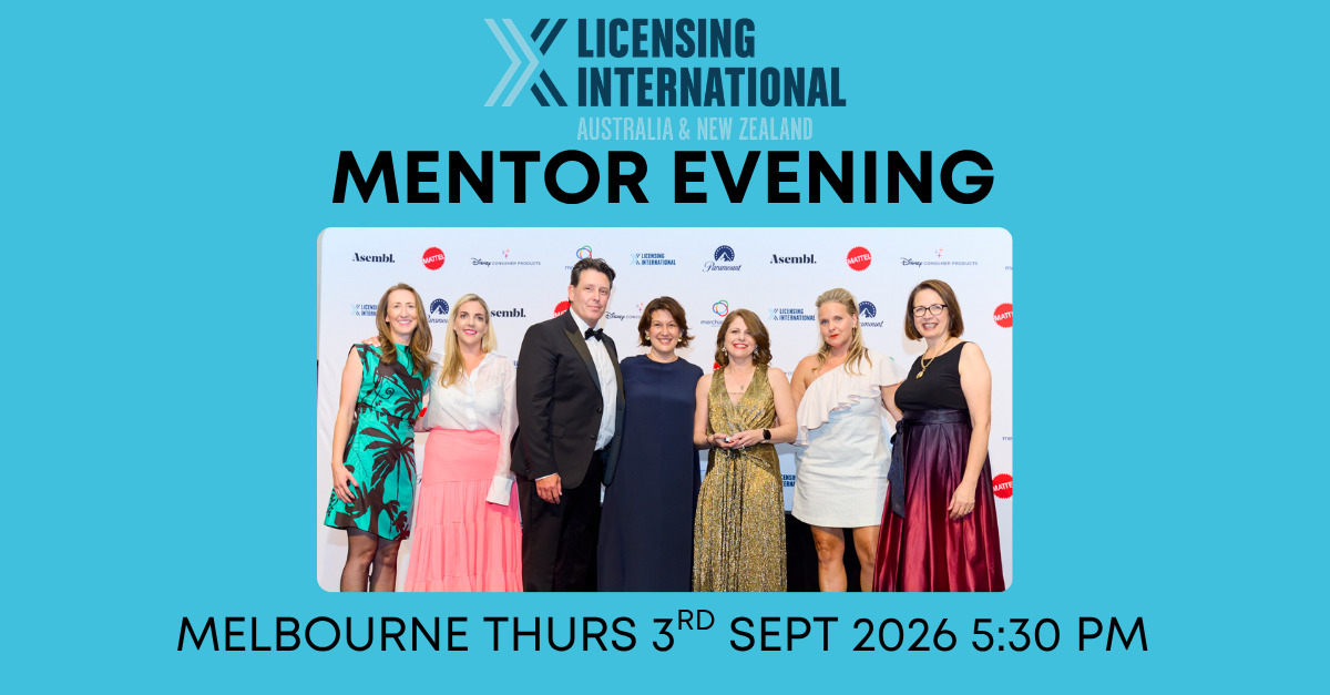 Licensing International Mentor Evening event banner for Melbourne on Thursday 3 September 2026 at 5:30 PM, featuring a group of industry professionals at a previous event.