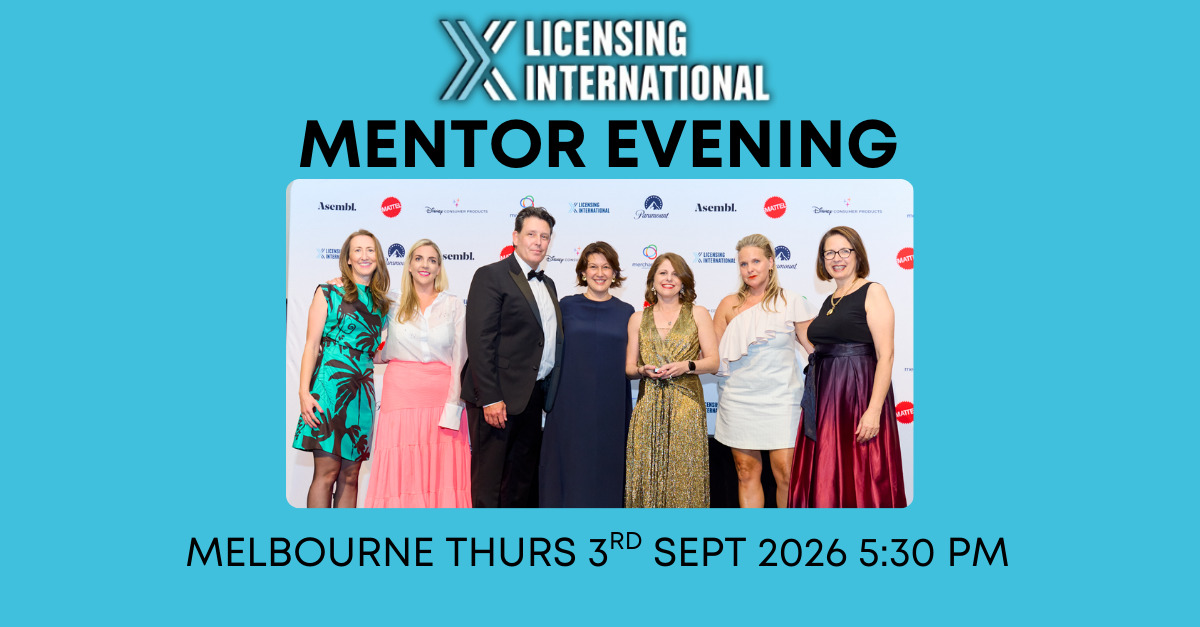 Licensing International Mentor Evening event banner for Melbourne on Thursday 3 September 2026 at 5:30 PM, featuring a group of industry professionals at a previous event.
