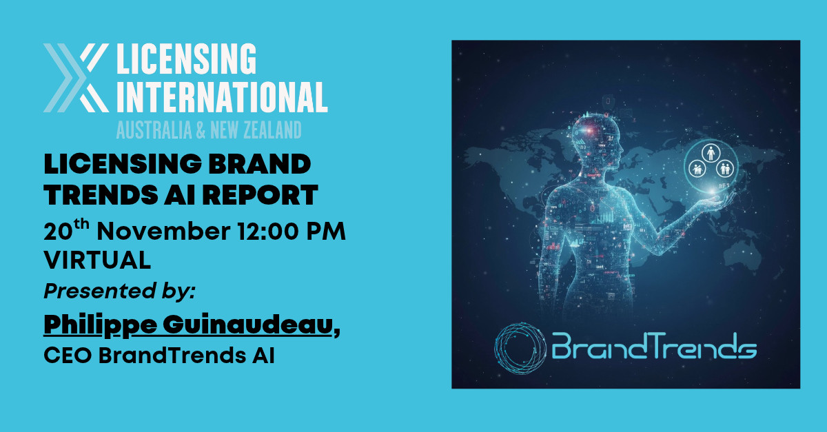 Licensing International Australia and New Zealand banner promoting the virtual Licensing Brand Trends AI Report on 20 November at 12:00 PM, presented by Philippe Guinaudeau, CEO of BrandTrends AI.